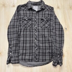 Y2K 44MM Flannel Shirt Mens Medium Gray Plaid Long Sleeve Snap Button Up Western